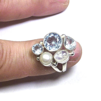 ANELLO argento 925 Pietra di luna, perla e TOPAZIO azzurro 13 - 15 – immagine2