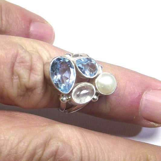 ANELLO argento 925 Pietra di luna, perla e TOPAZIO azzurro 13 - 14 – immagine2