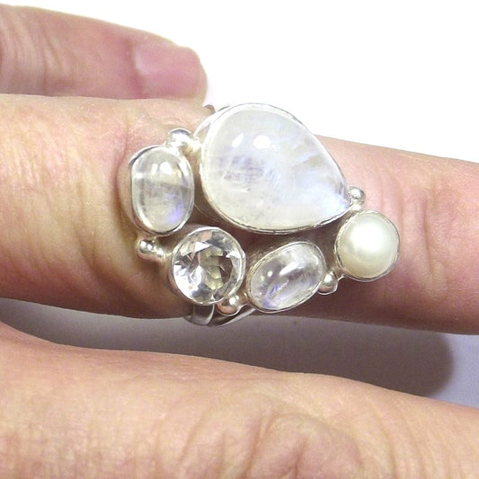 ANELLO Pietra di luna, perla e argento goccia 19 - 21 – immagine2
