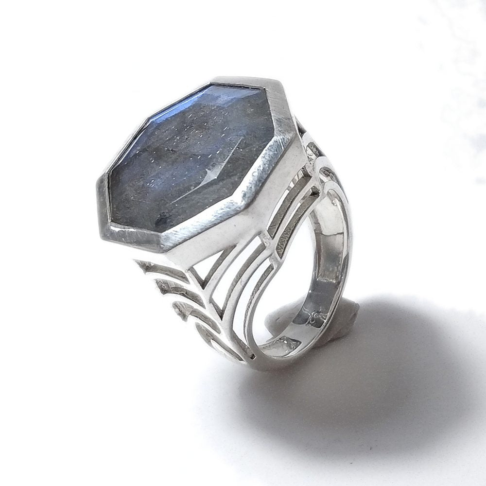 Labradorite Anello OCTAGON in argento 925 ANELLO artigianale con pietra OTTAGONALE