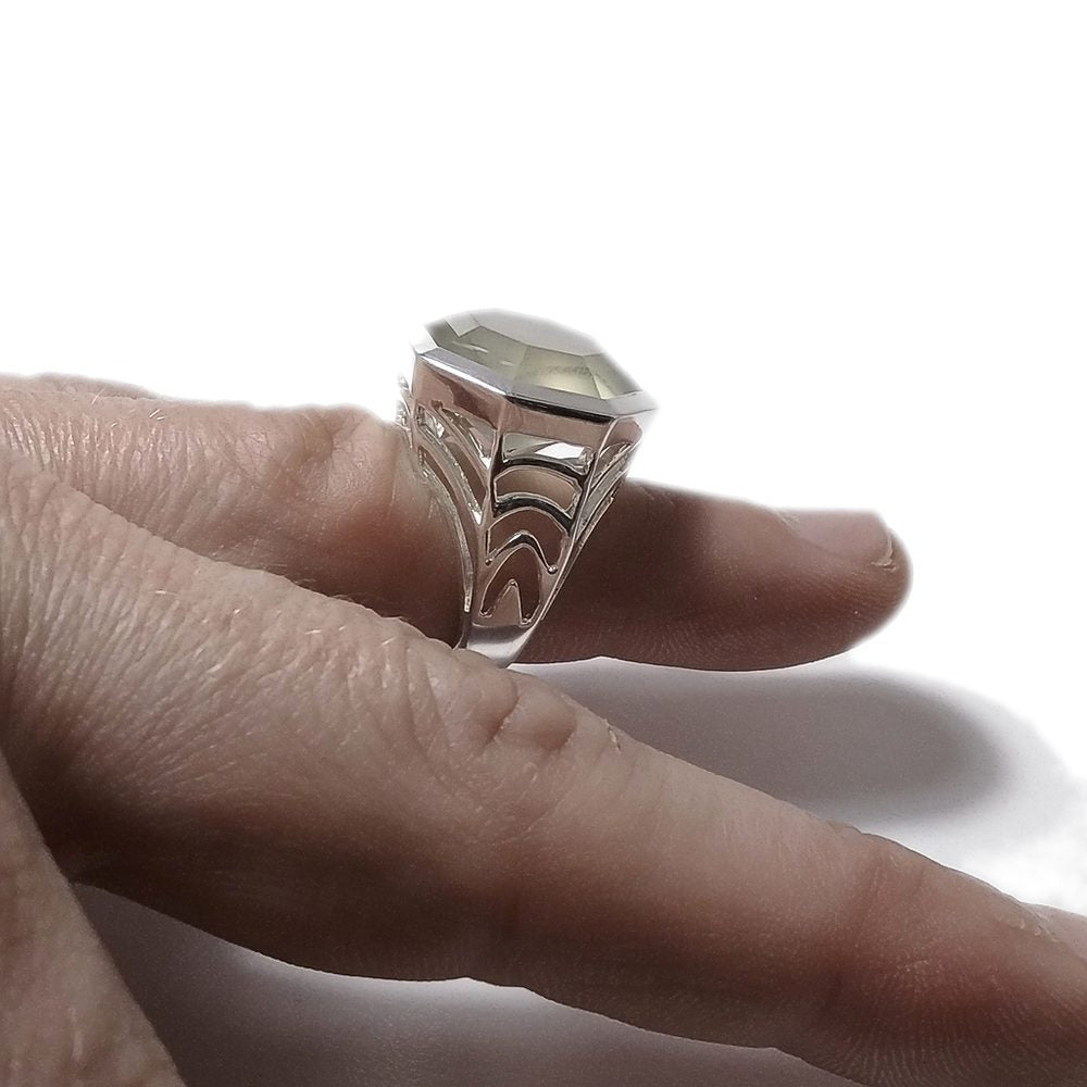 Prehnite Anello OCTAGON in argento 925 ANELLO artigianale con pietra OTTAGONALE
