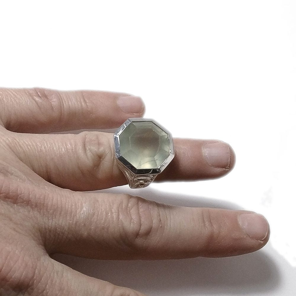 Prehnite Anello OCTAGON in argento 925 ANELLO artigianale con pietra OTTAGONALE
