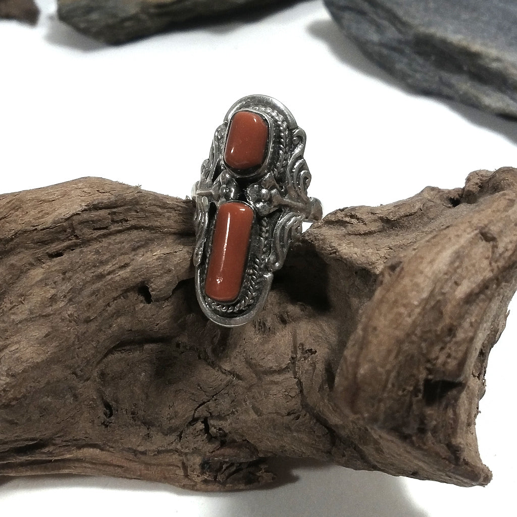 ETNICO | Anello in argento 925 TIBET - brunito - CORALLO - GIOIELLI
