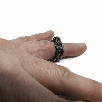 ANELLO ETNICO in argento 925 nero ANELLO artigianale Diamante e rubino stellato | GIOIELLI ETNICI