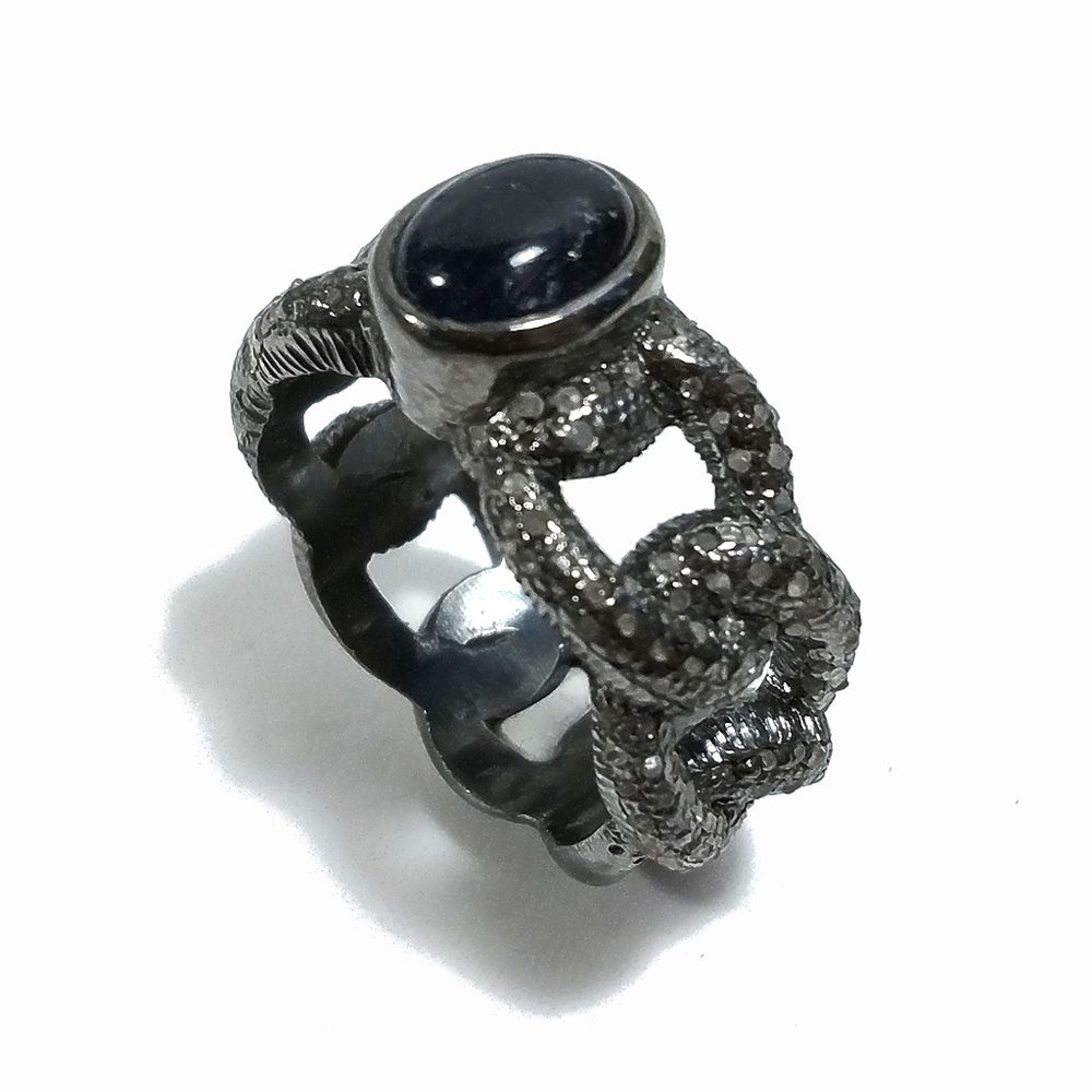  ANELLO ETNICO in argento 925 dorato ANELLO artigianale Diamante e Zaffiro | GIOIELLI ETNICI