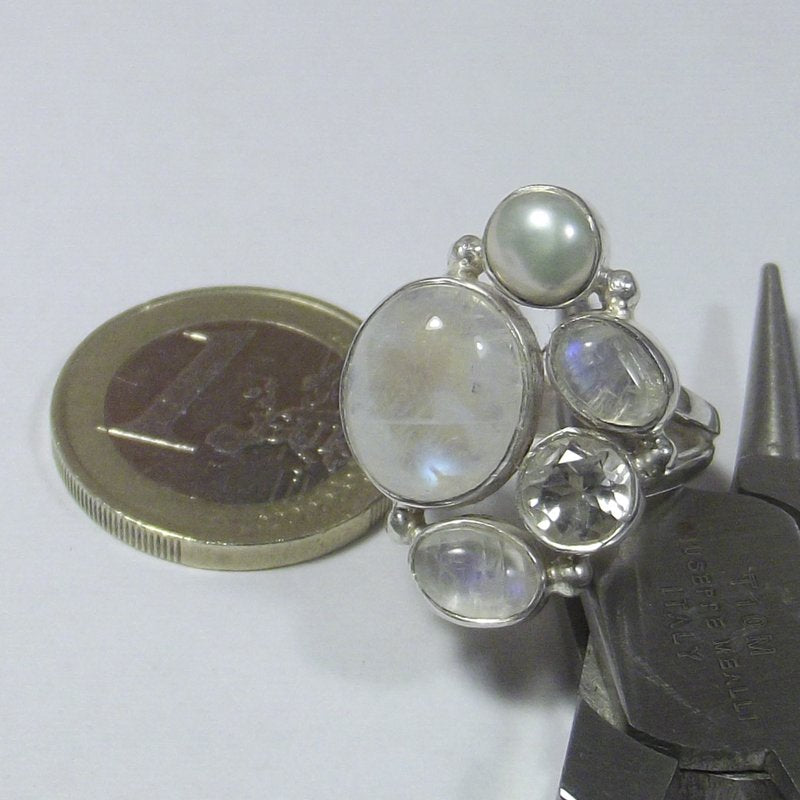 ANELLO Pietra di luna, perla e argento 16 - 18
