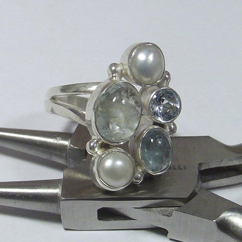 ANELLO argento ACQUAMARINA, perla e TOPAZIO azzurro