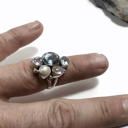 Copia del Anello con pietra in argento 925 con Labradorite , Topazio azzurro, Perla | GIOIELLI IN ARGENTO