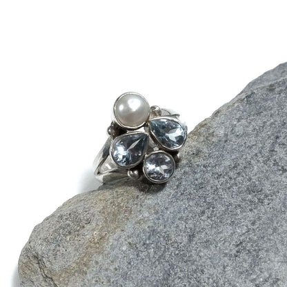 Anello con pietra in argento 925 con Topazio azzurro, Perla | GIOIELLI IN ARGENTO