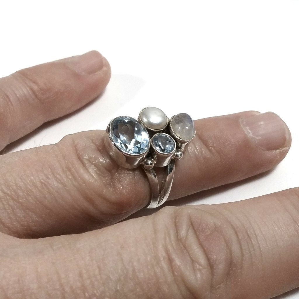 Anello con pietra in argento 925 con Topazio azzurro, Perla | GIOIELLI IN ARGENTO