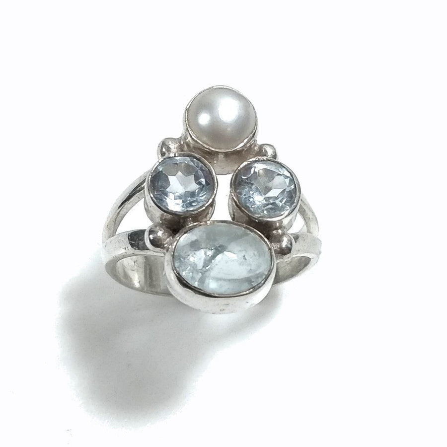 Anello con pietra in argento 925 con Acquamarina , Topazio azzurro, Perla | GIOIELLI IN ARGENTO