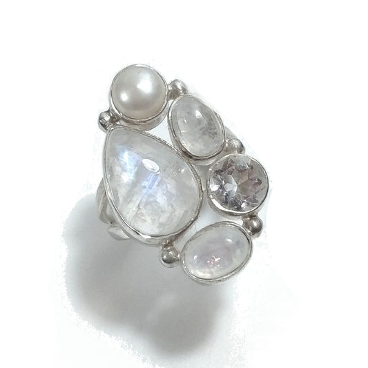 Anello con pietra in argento 925 con Pietra di Luna , Perla , Cristallo di rocca | GIOIELLI IN ARGENTO