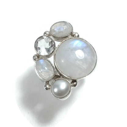Anello con pietra in argento 925 - Pietra di Luna, Perla, Cristallo di rocca