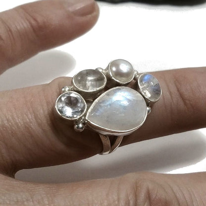 Anello con pietra in argento 925 con Pietra di Luna , Perla , Cristallo di rocca | GIOIELLI IN ARGENTO