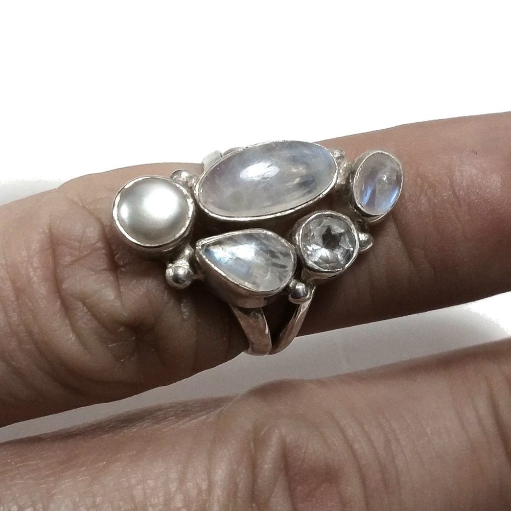 Anello con pietra in argento 925 con Pietra di Luna, Perla, Cristallo di rocca