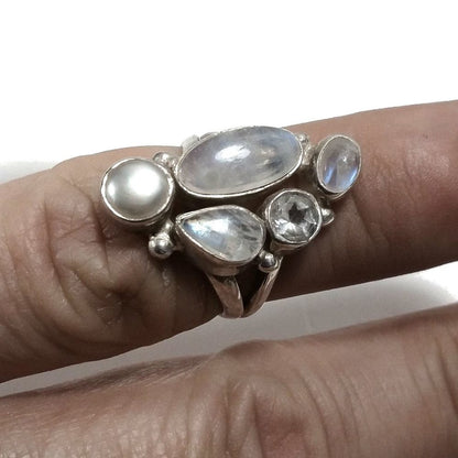 Anello con pietra in argento 925 con Pietra di Luna, Perla, Cristallo di rocca