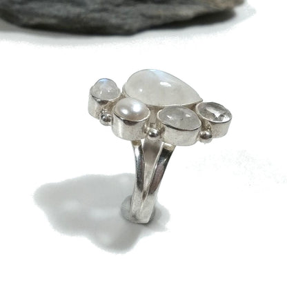 Anello con pietra in argento 925 con Pietra di Luna , Perla , Cristallo di rocca | GIOIELLI IN ARGENTO