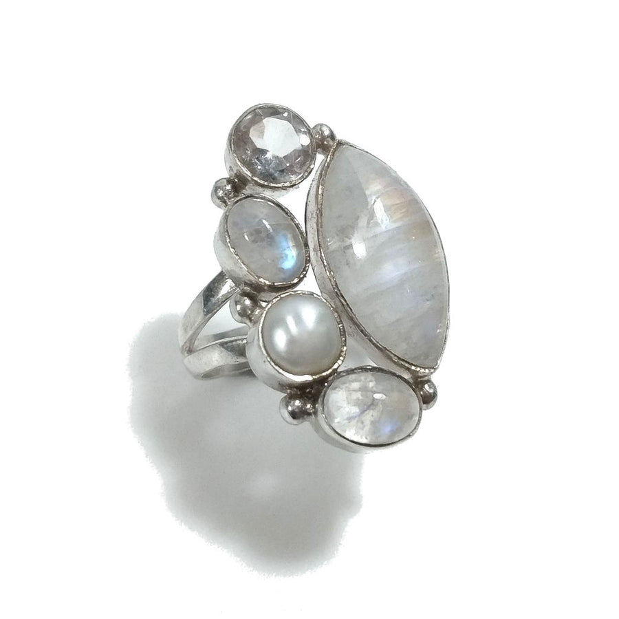 Anello con pietra in argento 925 con Pietra di Luna , Perla , Cristallo di rocca | GIOIELLI IN ARGENTO