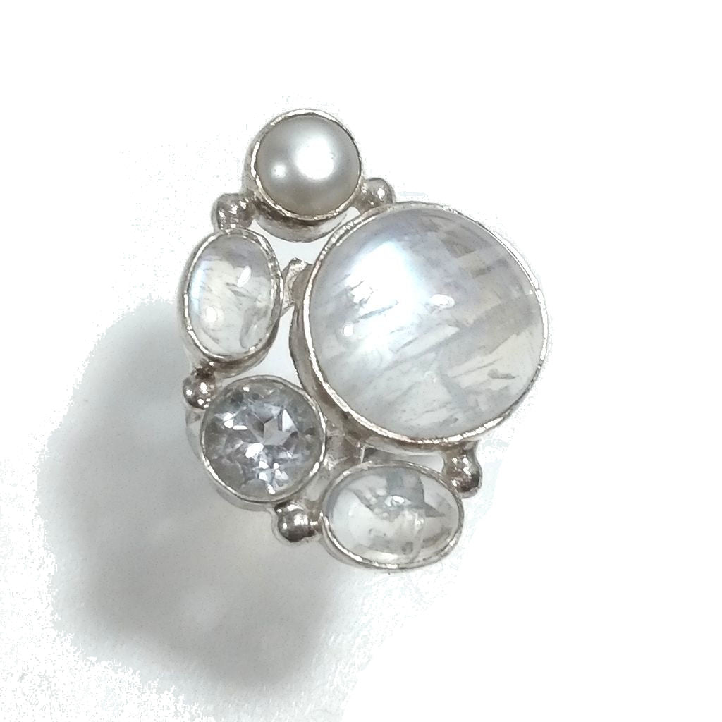 Anello con pietra in argento 925 - Pietra di Luna, Perla, Cristallo di rocca