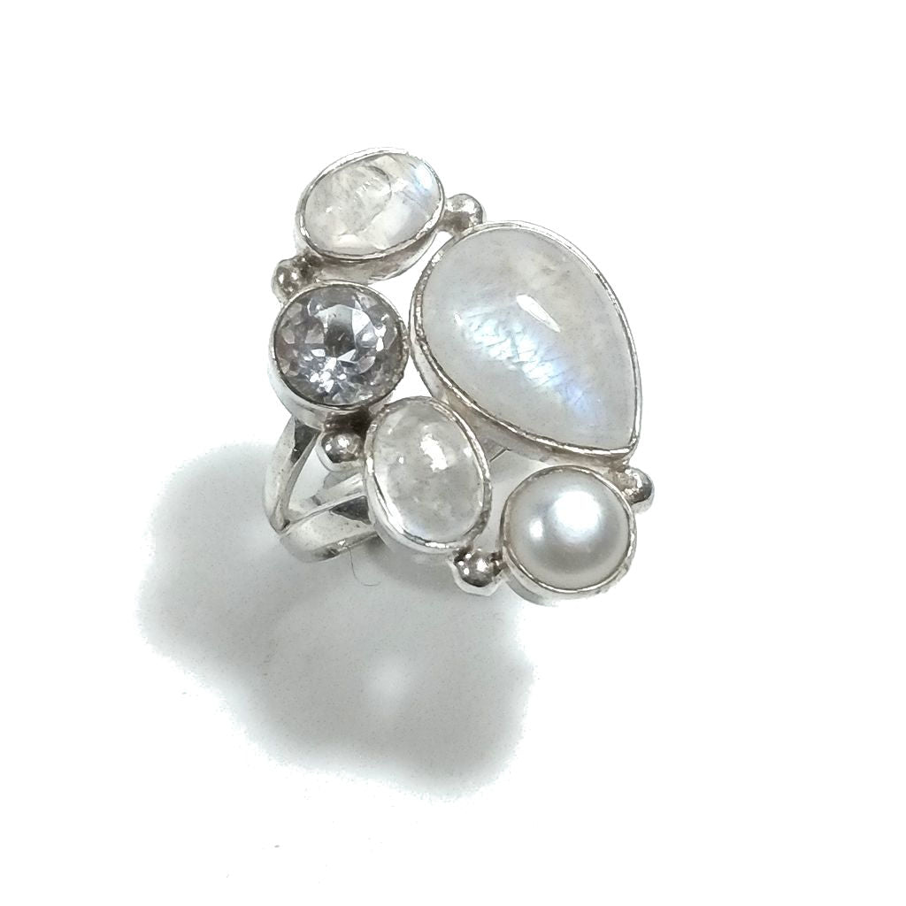 Anello con pietra in argento 925 con Pietra di Luna , Perla , Cristallo di rocca | GIOIELLI IN ARGENTO