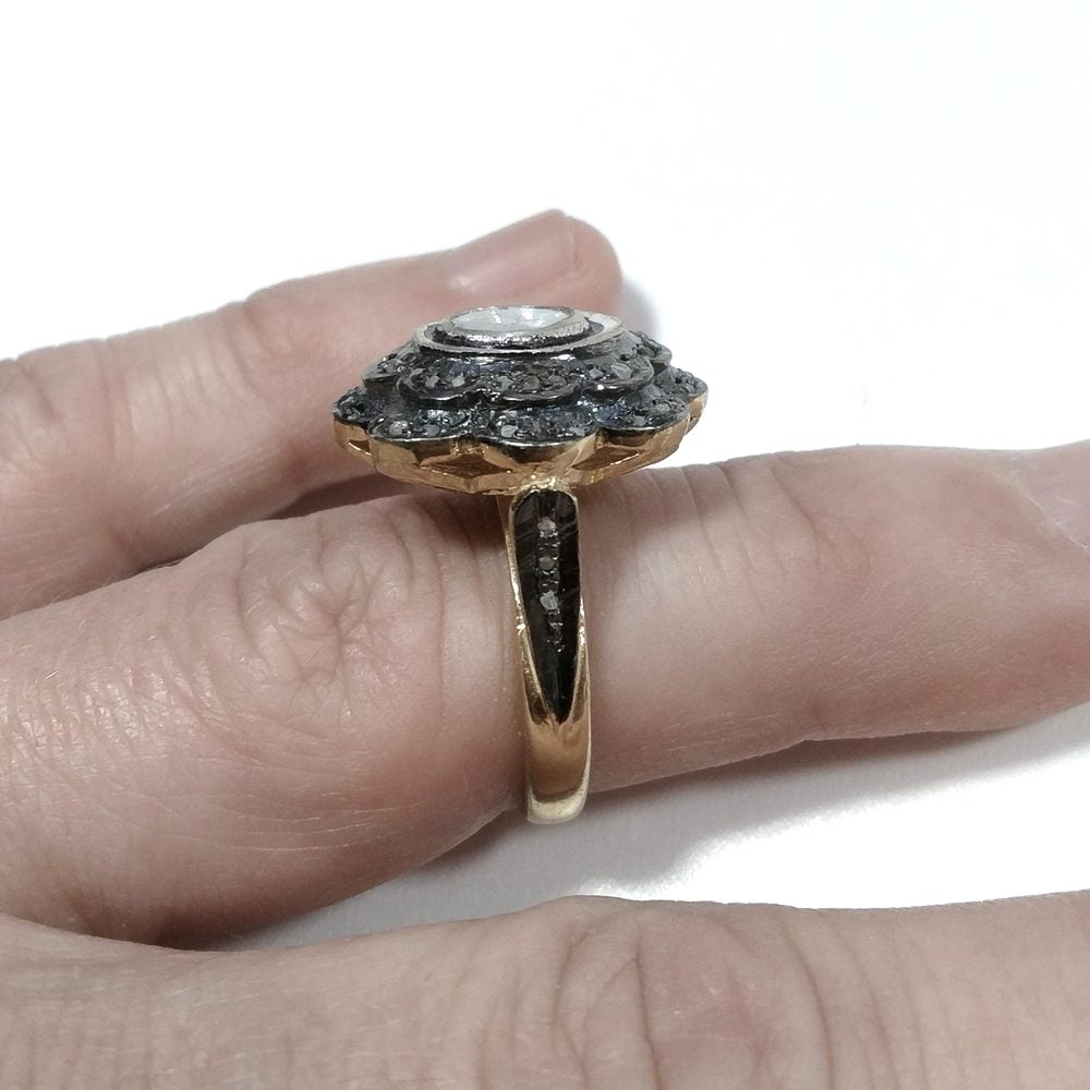 ANELLO ETNICO in argento 925 dorato artigianale Diamante e Zaffiro