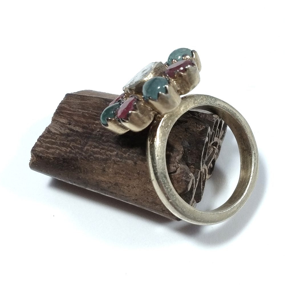 ANELLO ETNICO in argento 925 dorato Diamante Rubino, Smeraldo