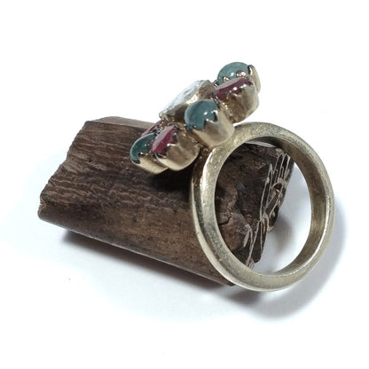 ANELLO ETNICO in argento 925 dorato Diamante Rubino, Smeraldo