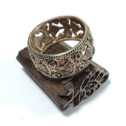 ANELLO ETNICO in argento 925 dorato artigianale - Rubino e Smeraldo
