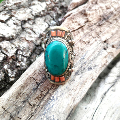 ANELLO ETNICO artigianale Corallo bambù,Turchese, | GIOIELLI ETNICI