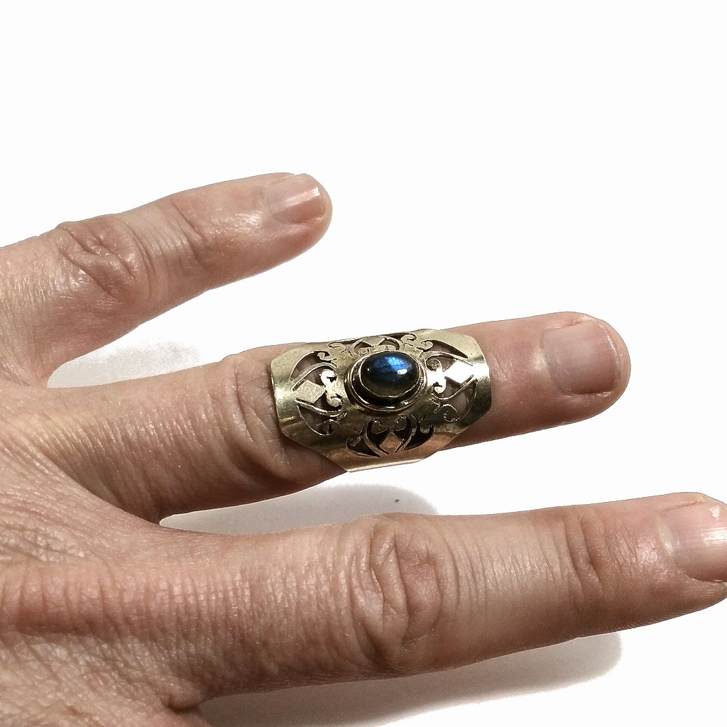 ANELLO artigianale con traforo in ottone | Labradorite | Gioielli in ottone
