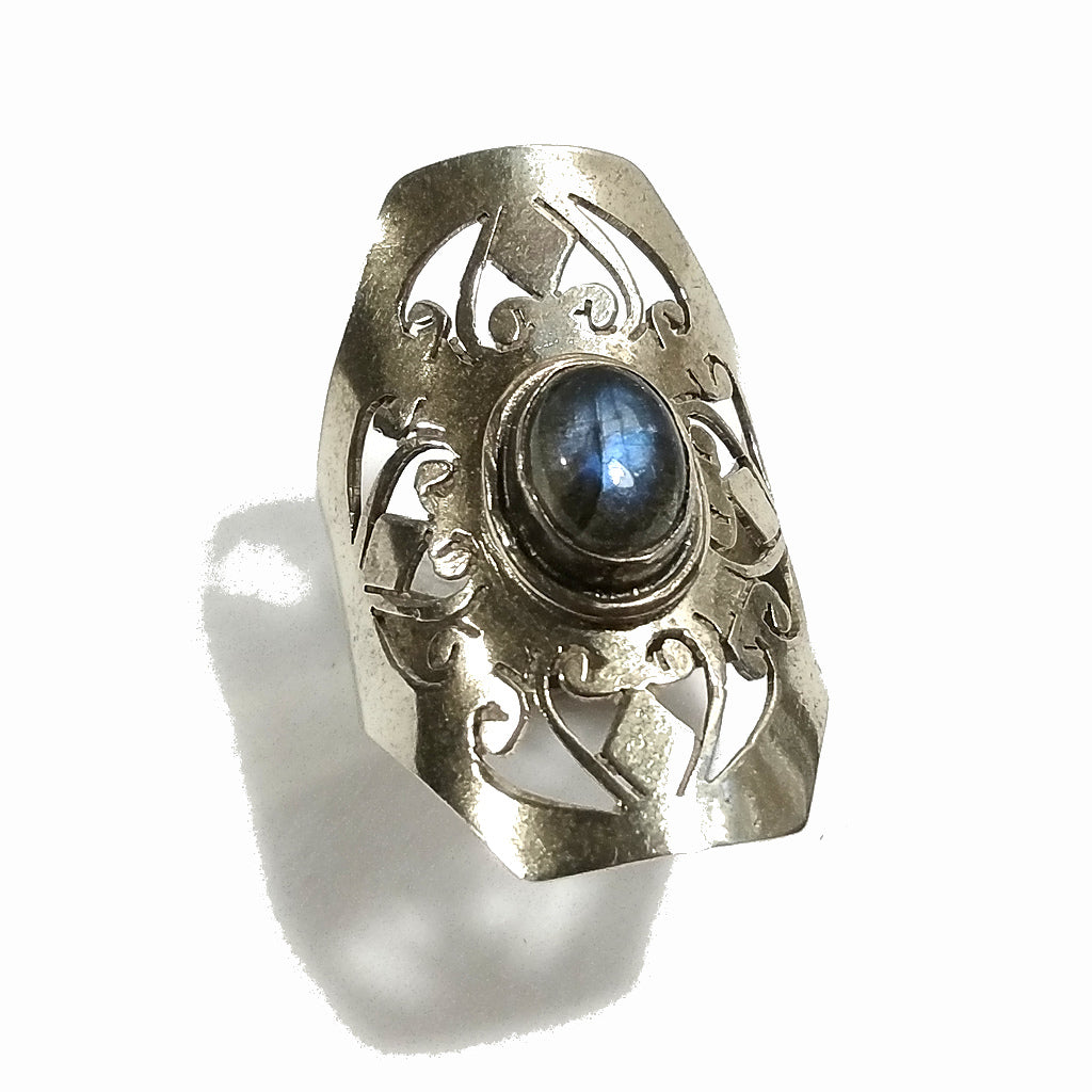 ANELLO artigianale con traforo in ottone | Labradorite | Gioielli in ottone
