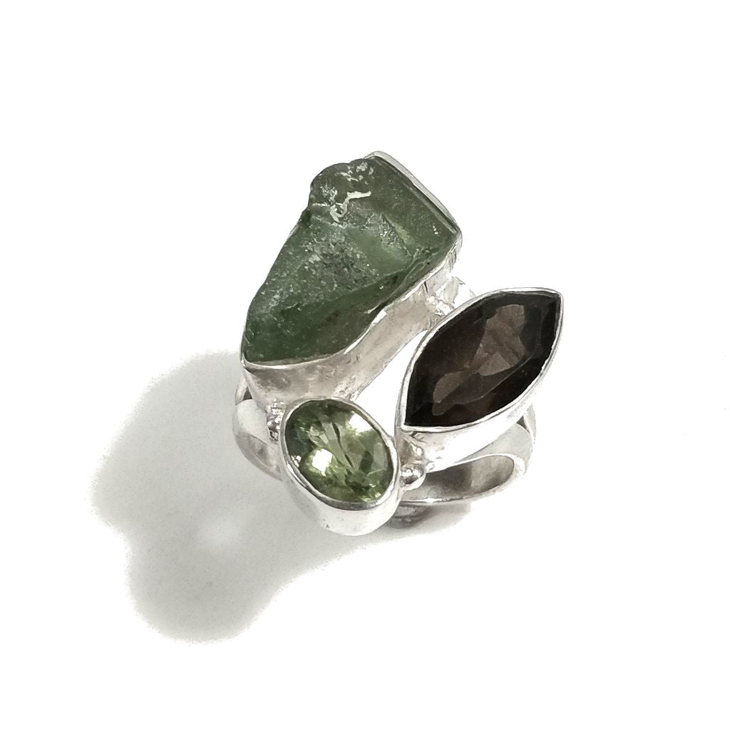 ANELLO artigianale in argento 925 ANELLO artigianale Peridoto - Quarzo fumé | Albero della vita