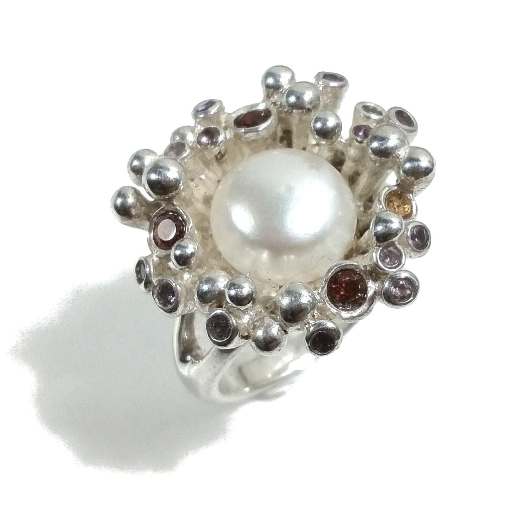 ANELLO artigianale in argento 925 con Perla - Granato | Gioielli in argento