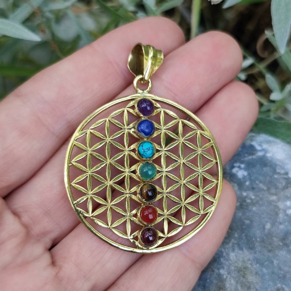 Ciondolo etnico in ottone sette Chakra - Fiore della vita