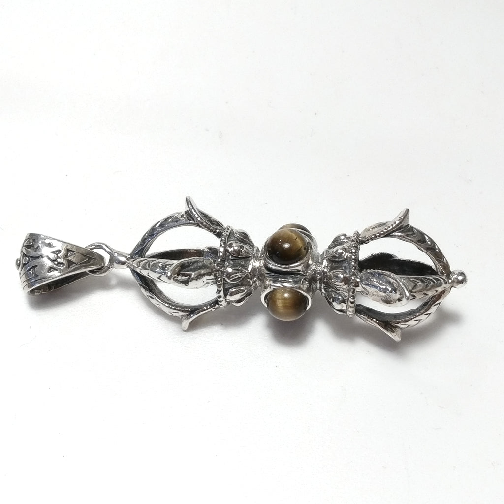 Ciondolo ETNICO in argento 925 con DORJE / VAJRA Occhio di Tigre , Labradorite , Onice nero | GIOIELLI IN ARGENTO