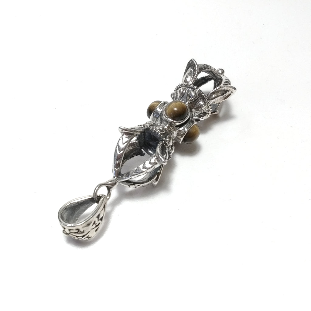 Ciondolo ETNICO in argento 925 con DORJE / VAJRA Occhio di Tigre , Labradorite , Onice nero | GIOIELLI IN ARGENTO