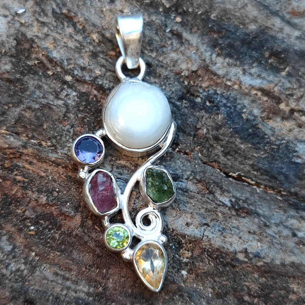 Ciondolo Goccia In Argento 925 Con Tormalina Multicolore Naturale, Fatto A Mano Dall'India