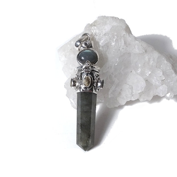 Ciondolo artigianale in argento 925 Ciondolo artigianale Labradorite, Quarzo citrino | GIOIELLI ETNICI | Pendolo porta veleno