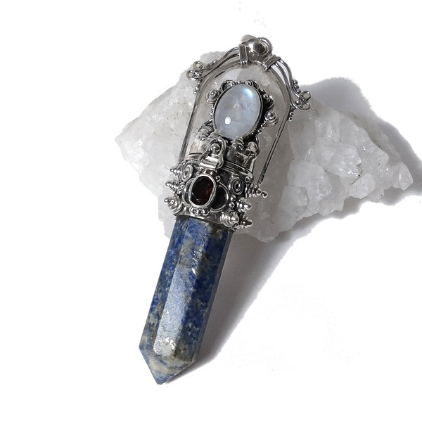 Ciondolo artigianale in argento 925 Ciondolo artigianale Lapislazzuli, Pietra di Luna | GIOIELLI ETNICI | Pendolo porta veleno