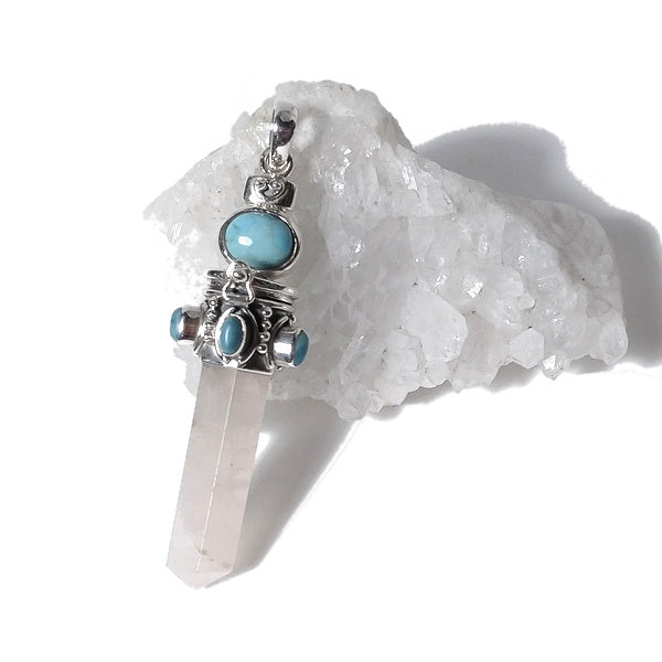 Ciondolo artigianale in argento 925 Ciondolo artigianale Larimar, Quarzo rosa | GIOIELLI ETNICI | Pendolo porta veleno