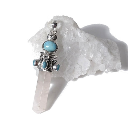 Ciondolo artigianale in argento 925 Ciondolo artigianale Larimar, Quarzo rosa | GIOIELLI ETNICI | Pendolo porta veleno