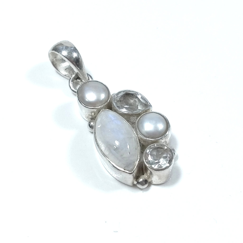 Ciondolo d'argento in argento 925 Ciondolo con pietra Pietra di Luna, Cristallo di rocca, Perla | GIOIELLI ETNICI