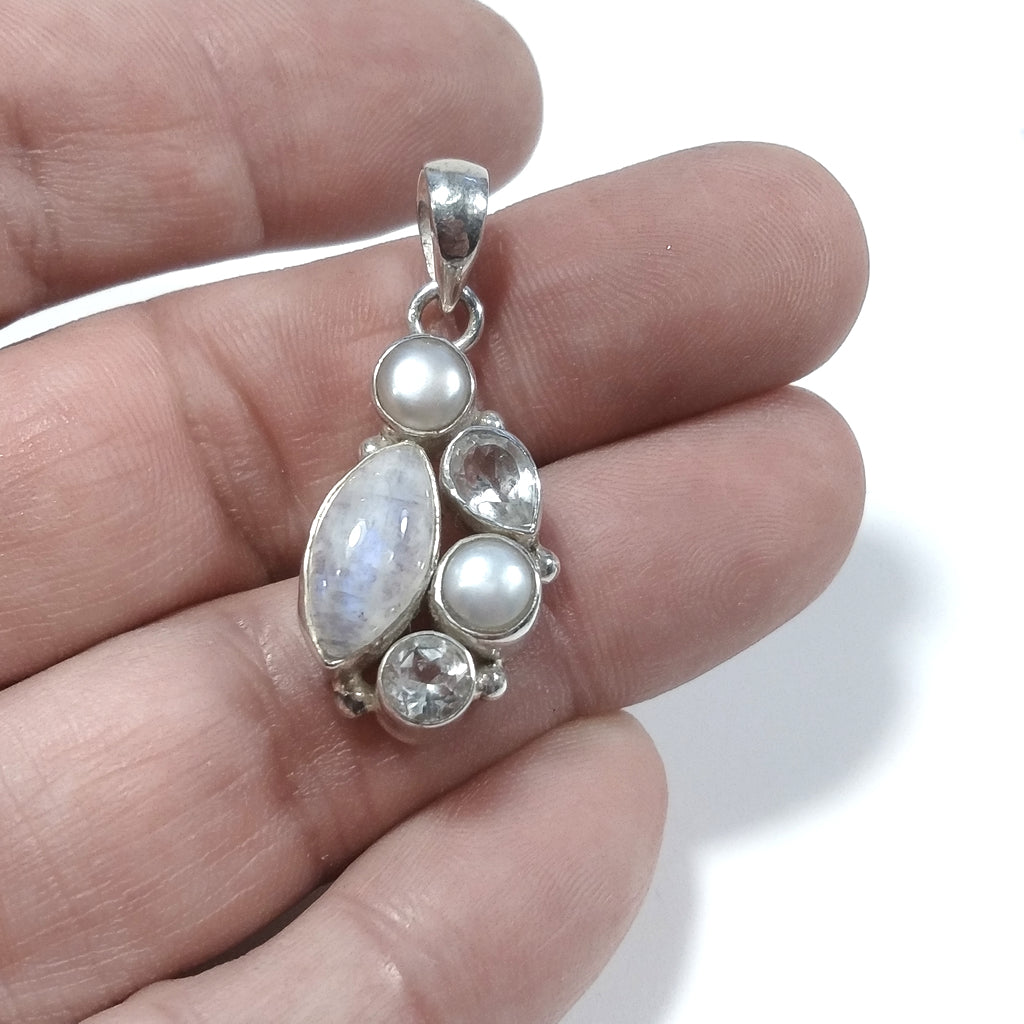 Ciondolo d'argento in argento 925 Ciondolo con pietra Pietra di Luna, Cristallo di rocca, Perla | GIOIELLI ETNICI