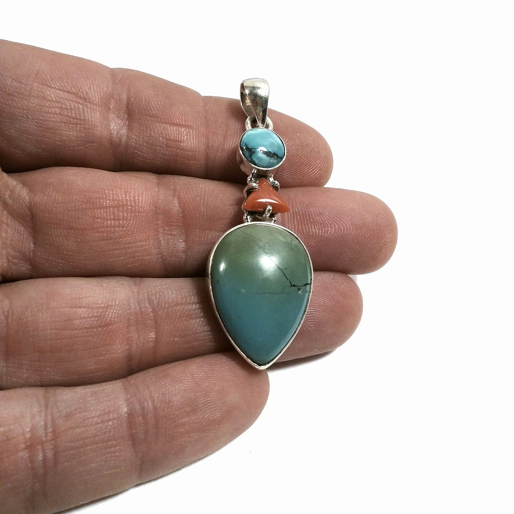 Ciondolo turchese e corallo argento 925 | Ciondolo con pietra