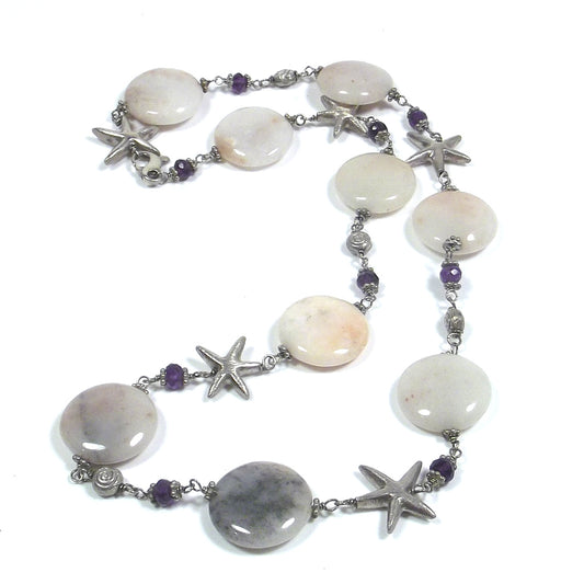 Collana con AGATA ROSA e stelle marine in argento 925 | GIOIELLI PIETRE