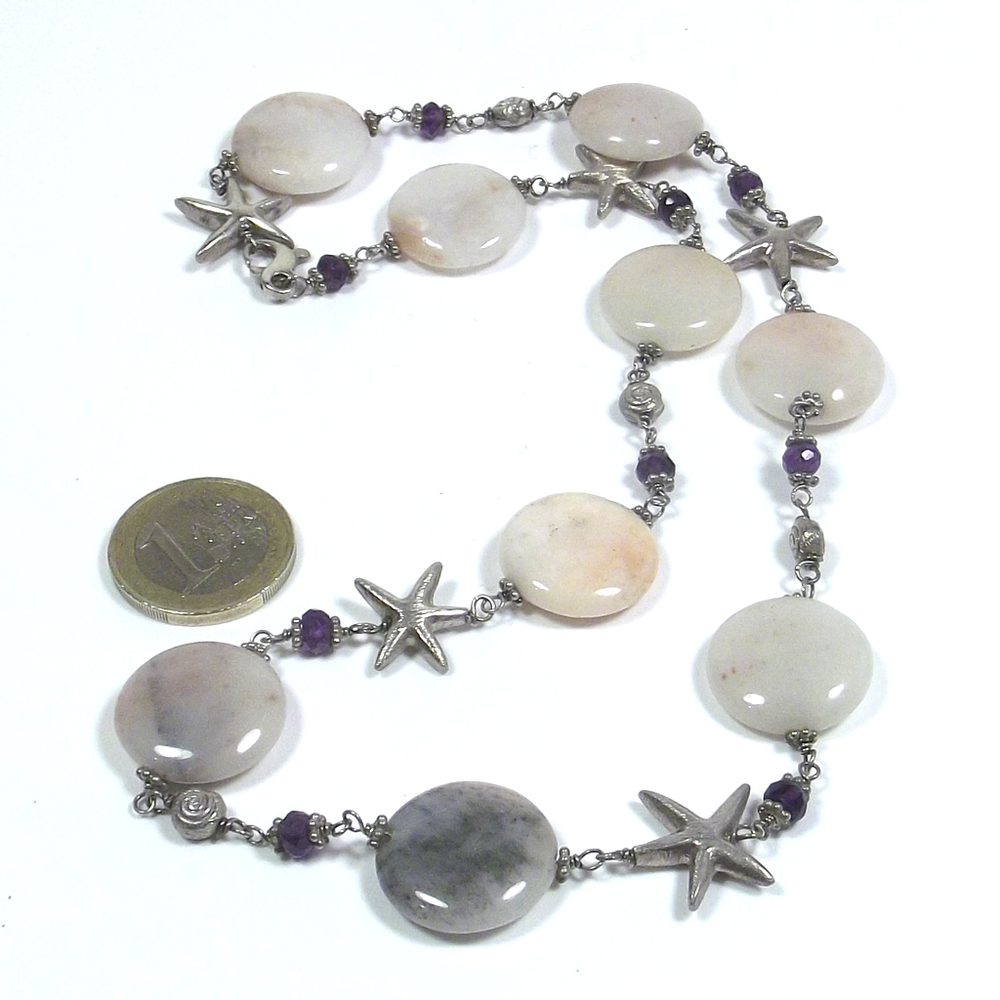 Collana con AGATA ROSA e stelle marine in argento 925 – con moneta