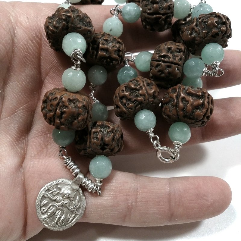 Collana ETNICA in argento 925 artigianale Rudraksha JAPAMALA – giada