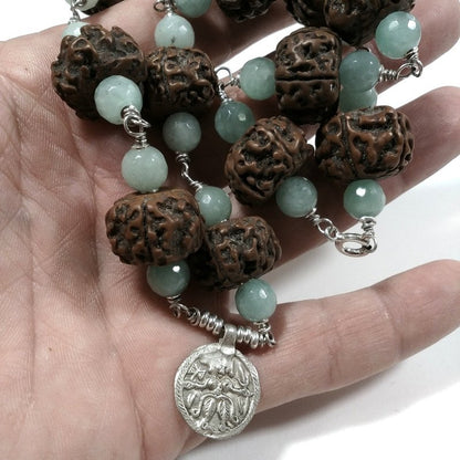 Collana artigianale etnica in argento 925 Rudraksha JAPAMALA - giada