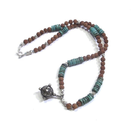 COLLANA ETNICA con turchese - rudraksha e argento antico - UOMO DONNA – immagine1
