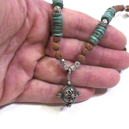 COLLANA ETNICA con turchese - rudraksha e argento antico - UOMO DONNA – immagine6